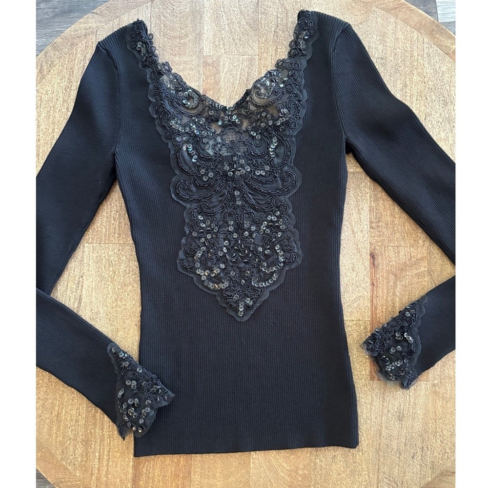 Cache Women's Black Long Sleeve Sequin Lace V-Neck Knit Top Sm